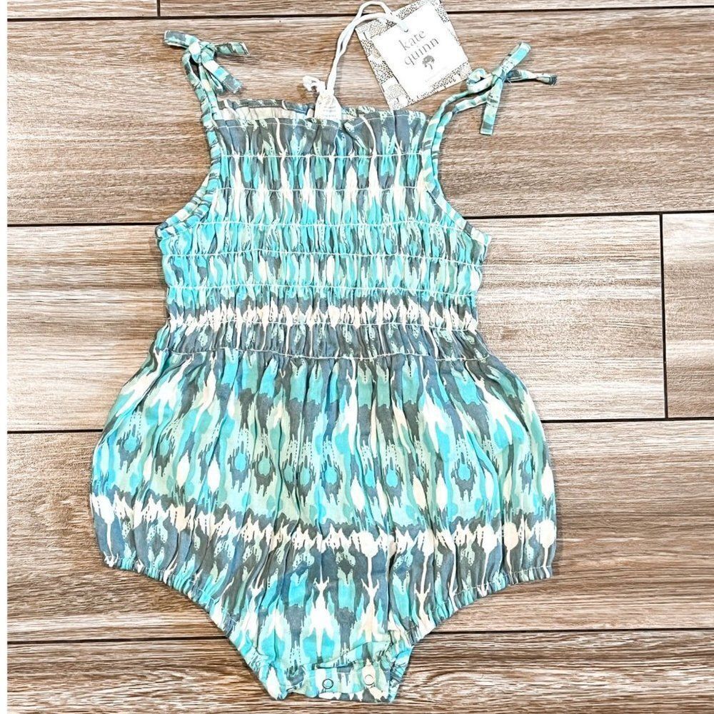 NWT! Kate Quinn Blue Ikat Smocked Bubble Romper, Size 18-24M